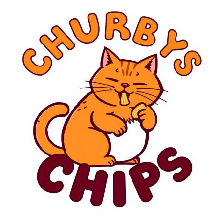 Logo "CHUBBYCHIPS" with "Chubby" in orange and "Chips" in maroon written together, to the left of text is a chubby ginger cat eating chips, 4 colors, whimsical font, whimsical