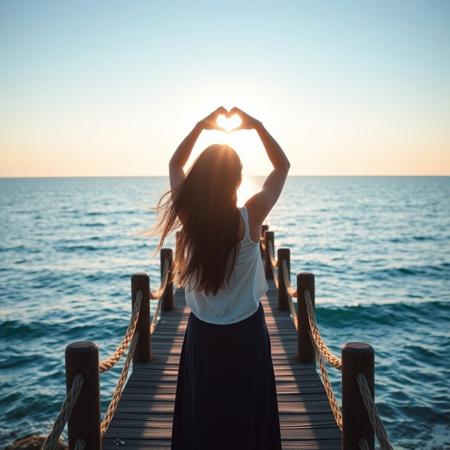 A person standing on a wooden boardwalk, facing the sea, with their back to the camera. She forms a heart shape with her hands, framing the sun within it. She wears a white top and a dark long skirt, with her long hair flowing freely. The scene is serene and poetic, expressing a deep love for nature and inner peace. The composition captures the beautiful seascape and conveys a harmonious relationship between humanity and nature. The lighting is soft and warm, enhancing the tranquil atmosphere.