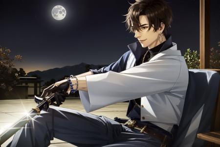 <lora:AkiFrontline:.7>male focus, 1boy, gloves, sword, weapon, black gloves, sitting, night, jewelry, cup, scar, sky, solo, katana, brown hair, night sky, scar on face, bracelet, earrings, japanese clothes, holding, jacket, outdoors, short hair, black pants, holding cup, pants, moon, tree, black shirt, smile, sakazuki, alcohol, closed mouth, shirt, beads, bead bracelet, cloud, bangs, turtleneck, sheath, sheathed, long sleeves, wide sleeves, kimono, brown eyes, belt, profile, black hair, looking to the side, shaded face , extremely detailed, (dynamic pose), <lora:shadedFaceEyesIn_shadedFace:.2>