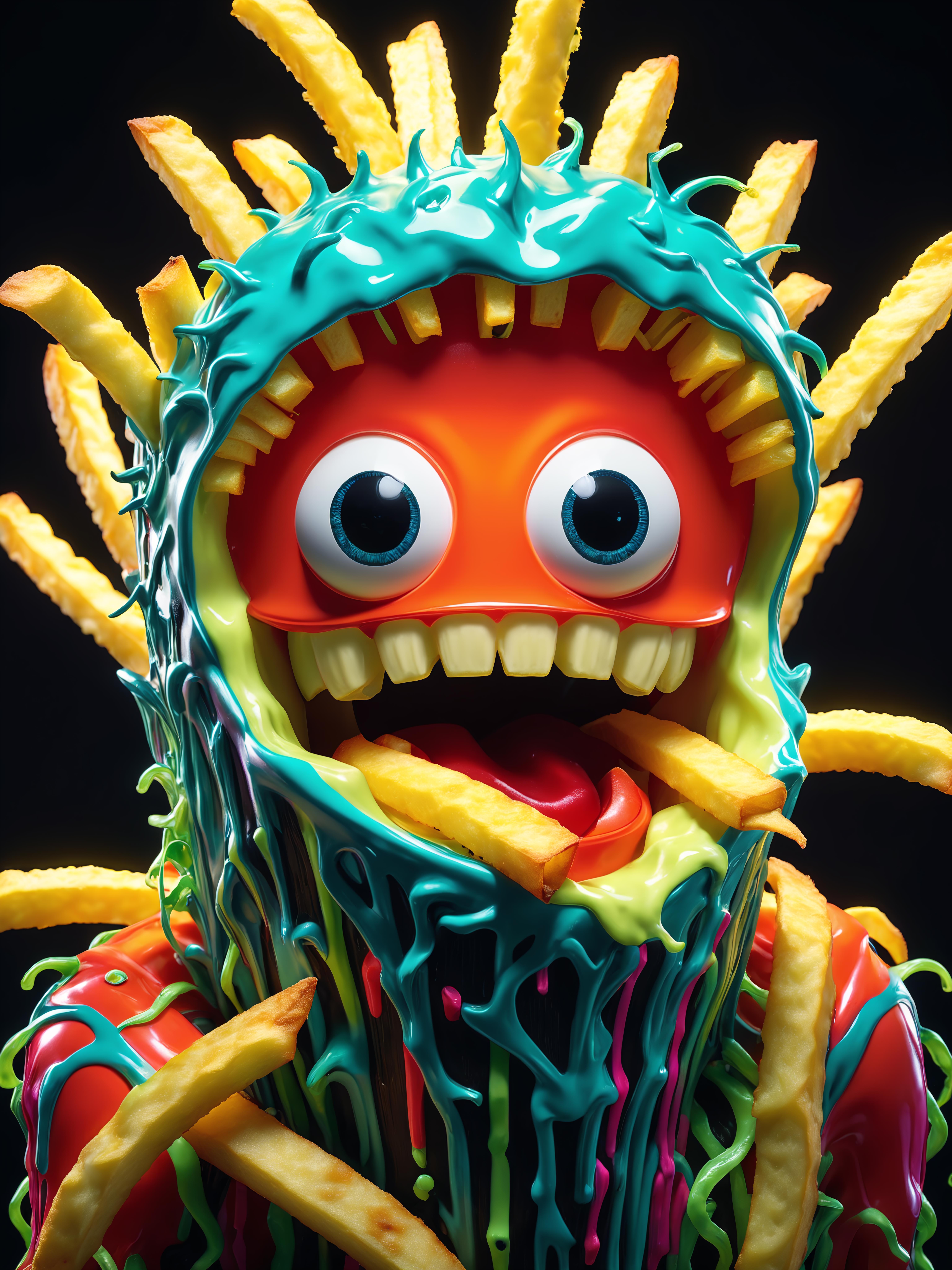 A large, green, and orange monster with a mouth full of fries.