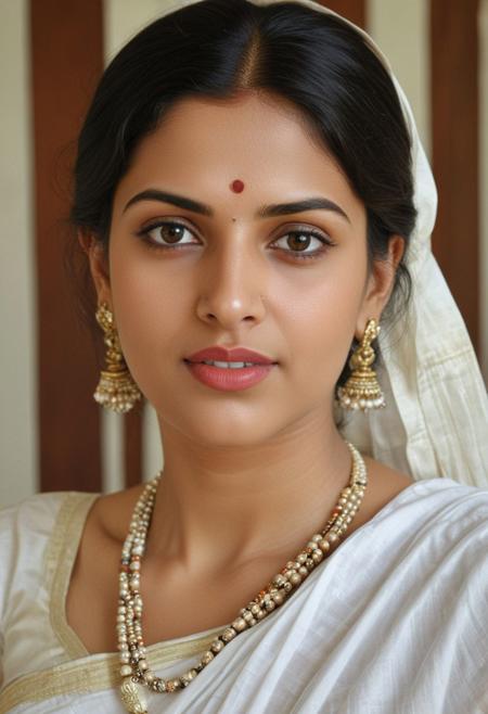 woman beautiful dark haired woman, kerala state white saree, tilak on head, lipstick colour will enhance the image