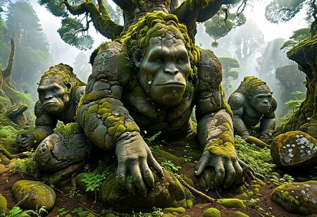 an earth golem breeding ground, hidden deep within the heart of a primordial forest. The air is thick with the scent of damp soil and ancient magic. Towering trees, their gnarled roots intertwining, form a protective canopy overhead. Moss-covered boulders dot the landscape, each one pulsating with the rhythmic energy of the earth.
Golems, massive and stoic, emerge from the ground. Their bodies are composed of rough-hewn stone, veins of crystalline minerals coursing through their forms. They stand sentinel, their eyes glowing like amber lanterns, watching over the smaller golems that gather here.
The breeding process is a solemn affair. Earth golems, both male and female, come together in a slow, deliberate dance. They touch their stony hands, exchanging vibrations and ancient knowledge. The ground trembles as they channel their essence into the earth, creating new life. From the fissures in the ground, golem seeds sprout—tiny, embryonic forms encased in rocky shells.
These seeds will grow into the next generation of earth golems. Over centuries, they will absorb the forest’s energy, their bodies hardening and gaining strength. Some will become guardians of ancient ruins, while others will roam the wilderness, shaping the land itself. And so, in this hidden sanctuary, the cycle of golem life continues—a testament to the enduring power of the earth