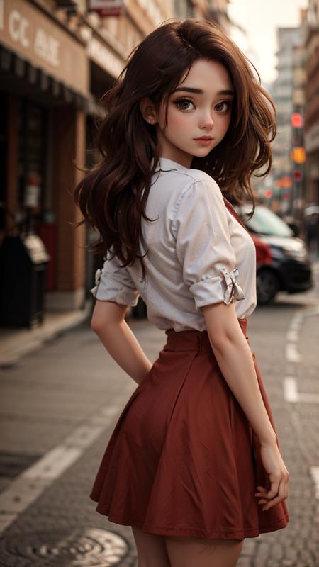 1girl, full body, eye contact, bokeh background, brown hair, red skirt,back long hair, 
 <lora:copax_charm_eu:0.6>