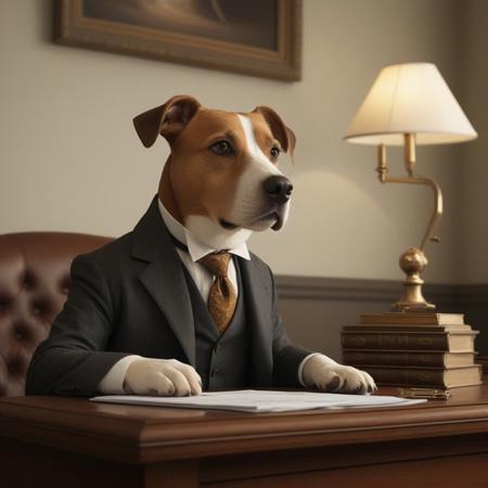 Generate an image of a meticulous dog dressed as a banker with a monocle, wearing a tailored suit and tie, and carefully filing documents in an organized manner at a traditional bank setting. The art style should be realistic with a hint of whimsy. Use soft, warm lighting to illuminate the scene, with the primary light source coming from a vintage desk lamp, creating a cozy and focused atmosphere. The camera angle should be slightly elevated, capturing the dog's profile from the side to showcase its attentive expression and the details of the desk. Maintain a color scheme that is professional yet inviting, with rich woods, crisp whites, and subdued golds. The emotional tone is one of dedication and humor. The background should include an elegant bank interior with high ceilings, large pillars, and historical artworks on the walls. Additionally, ensure the image has a 16:9 aspect ratio and a high resolution of 3000x1688 pixels. Keywords for AI image generation: "dog banker," "monocle," "suit," "filing documents," "traditional bank," "warm lighting," "realistic whimsy," "elevated side profile," "professional color scheme," "historical bank interior."