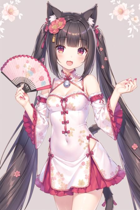 <lora:GoodHands-beta2:1> nice hands, perfect hands
solo, qiaokeli, choko, 1girl, animal ears, clothing cutout, cat ears, flower, dress, hair ornament, tail, cat tail, hair flower, twintails, bell, pink dress, navel cutout, long hair, hand fan, pink nails, :d, navel, very long hair, cat girl, smile, detached sleeves, blunt bangs, slit pupils, tail ornament, bangs, open mouth, frilled sleeves, jingle bell, frills, breasts, nail polish, blush, holding, floral print, bare shoulders, looking at viewer, chinese clothes, cleavage cutout, animal ear fluff, egasumi, holding fan, small breasts, folding fan, side slit, china dress, standing, black hair