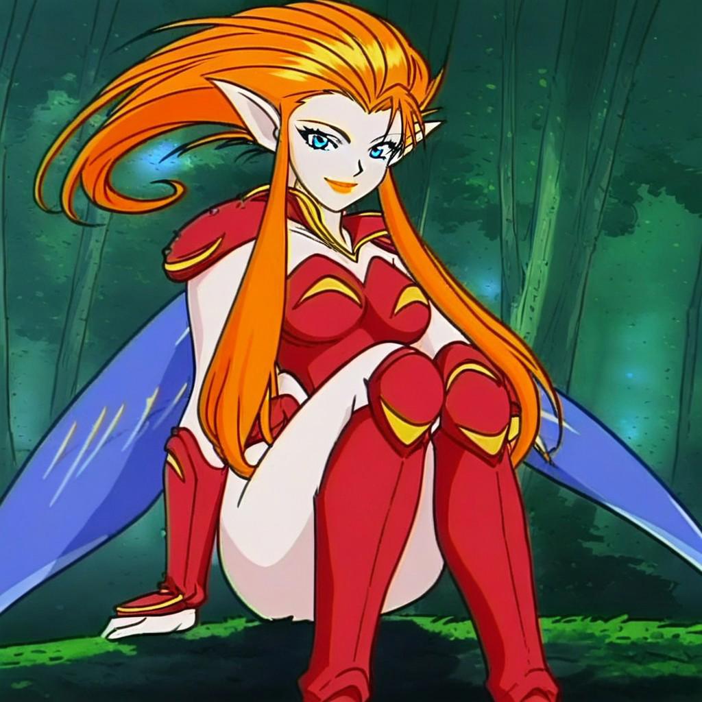 1girl,solo,boots,pointy ears,red armor,orange long hair,makeup,orange lipstick,blue eyes,wings,forest,smiling,sitting,facing viewer,looking at viewer,Expressiveh