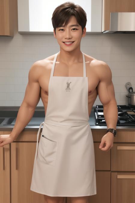 1boy, Short Spiky Hair, smile, teeth, watch, 
<lora:Max Huang:0.7:FACE>
(nude kitchen apron:1.2)
Muscular Frame,
looking at the viewer,
fish, steak,