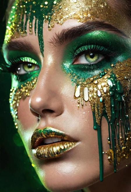 digital painting, closeup macro shot, high contrast, closeup of a woman's face, iridescent, heavy makeup, lashes, metallic glitter in green and gold, paint dripping from lips, meticulous detail, dramatic lighting, perfect eyes, natural skin, <lora:add-detail-xl:1>