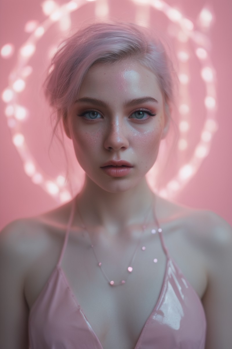 very dark artistic close-up portrait of an aesthetic girl,  nightly,  her face framed by a halo of softly glowing pastel l...