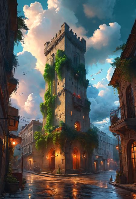 A tower in a city street view at night, clouds of the sky, by Tom Bagshaw, Artgerm and Greg Rutkowski, street level view, daytime, godrays, unreal engine, 3 engine, epic FAN ART in the style of Thomas River and  Chris Moore, vibrant greenery<lora:add-detail-xl:1> <lora:MJ52:0.5> <lora:sss:0.5>