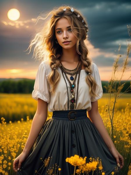 best quality,masterpiece,((a {British} woman)),<lora:Bohemain_v1.1-000009:0.8>,pendant,jewelry,white dress,straight hair,braid, blue eyes,light smile,upper body,((messy hair)),(grassland),(yellow eyes),incredibly absurdres,(gold hair),floating hair,Large number of environments,the medieval ,grace,prospect,water eyes,wind,breeze,god ray,lawn,Mountains and lakes in the distance,The sun shines through the trees,A vast expanse of grassland,beautiful detailed glow, floating ashes, beautiful and detailed explosion, red moon, fire, fire cloud, wings on fire, a cloudy sky, smoke of gunpowder, burning, black dress, dove of peace, (floating cloud:1.2),(water bloom), (delicate glow),  (breeze), long   Flowers meadow,(((sunset)), (less stars form a circle), randomly distributed clouds, (rivers), (willows with branches falling into the water),mazinger,head  scarf,