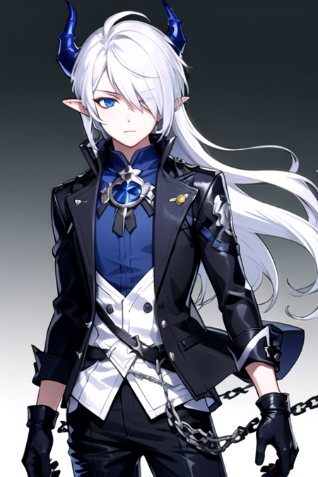 ciel, solo, long hair, looking at viewer, blue eyes, shirt, gloves, 1boy, jacket, white hair, male focus, cowboy shot, horns, pointy ears, black gloves, pants, hair over one eye, gradient background, chain, blue background, black pants, blue shirt, covered mouth<lora:CielElswordV2:0.5>