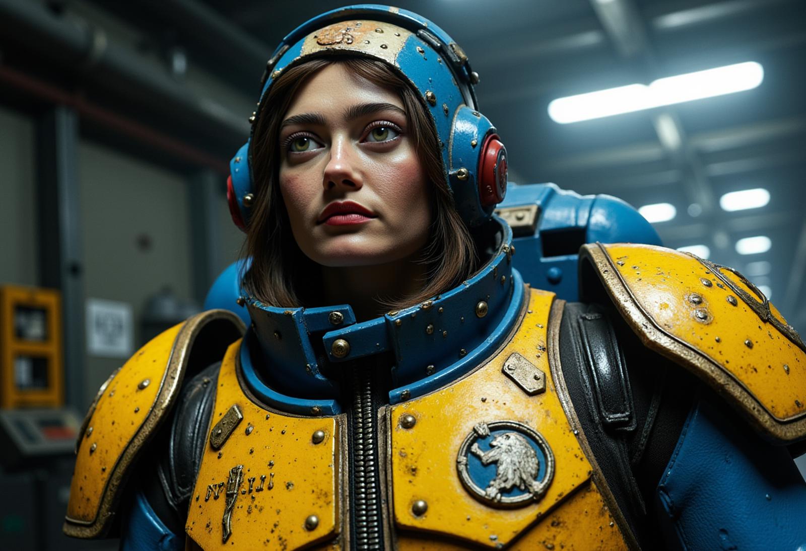 human hybrid the head ellaPurnell woman from fall out wearing 
 in yellow and blue space marine armour, in a fall out shelter, dirty
