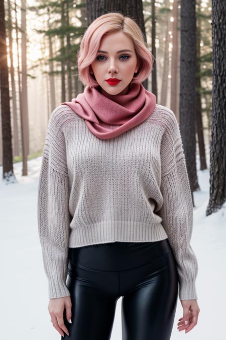 a photo of a woman, scarjo-2640, ((pale skin)), ((short hair, pink hair):1.2)((scarf, sweater, leggings):1.2), ((cowboy shot, waist, hips, thighs):1.2),((outdoors, snow, forest):1.2),,((red lipstick, eyeliner, eye shadow, blush):1.2), ((best quality, masterpiece, extreme details, high resolution):1.2),((detailed eyes, beautiful eyes, detailed face, beautiful face):1.2)