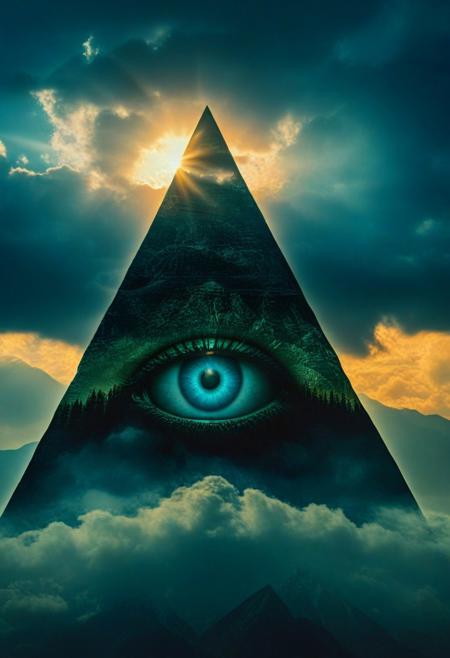 mountain, surreal,  double exposure, dark and moody ,colored all seeing eye pyramid, film grain, high quality, dramatic ,poster, horror story style, sun behind clouds