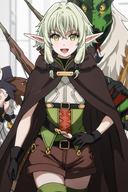 high_elf_archer_goblinslayer pointy_ears, elf, green_hair, sidelocks, green_eyes, bangs, bow, hair_bow, black_bow, hair_between_eyes, cloak, long_hair