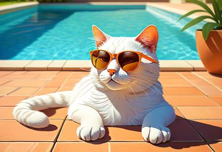 cartoon art, A cat wearing sunglasses by the pool, accurate, refined, defined, highly detailed, follow negative prompts,