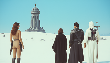 ArsMovieStill, movie still from a 1970s technicolor Sci-Fi movie, an image featuring two women and two men standing in the foreground, their backs are turned to us. The first woman is a dressed in a short khaki dress and holds a crossbow, with a scabbard on her belt. The second woman is dressed in a black cloak and wears a witch hat, with an ornate sword in her hand. The first man wears a padded jumpsuit and holds a staff with a ruby. The second man is dressed in white robes and has 6 swords strapped to his back. He is bald. In the background is a tall stone tower in the middle of a snowfield. There are a few trees scattered around in the distance and the sky is clear and blue. The tower and the trees are miniatures, the sky and the distant background are painted backdrops.