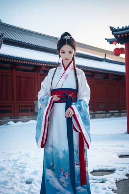 ltra-detailed,highly detailed,best quality,masterpiece,illustration,realistic,photorealistic,
1girl, solo,
hanfu-quju, hanfu, chinese clothes, chinese traditional clothes, long sleeves, wide sleeves, sash,
looking at viewer, cowboy shot, 
outdoors, photo background, east asian architecture, blue sky, wind, snow, winter,
<lora:hanfu quju_v1_01:0.7>