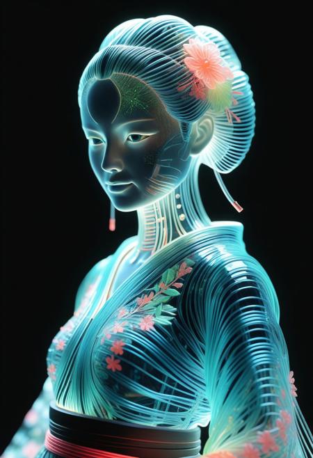 <lora:World_of_Glass_Filament:0.6> made of, tiny neon (glass:1.1) filaments, w0gf1l, Android, geisha, with robotic parts, in flowery kimono, Intricate details, 8 k, cinematic <lora:sss:0.8> subsurface scattering, sss <lora:envyStarlight_v10:0.8>