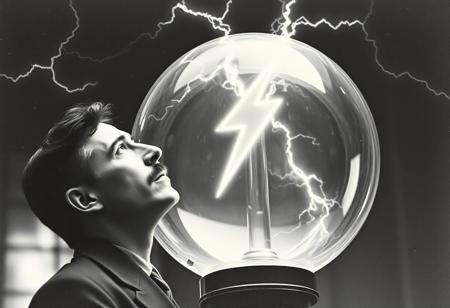 old photograph, monochrome, low quality, static, noise, nikola tesla looks up at 2 metallic rods emit electricity while it forms an electric bolt symbol which is encased inside a big spherical glass