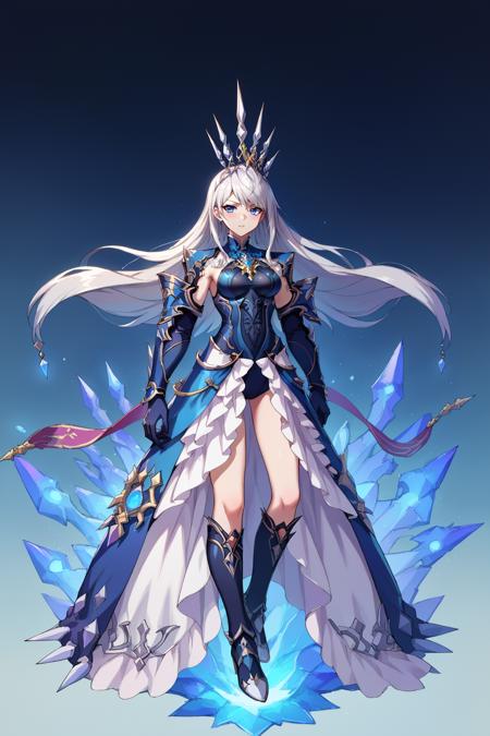 edgShiva,white hair,crown of ice,dress,armor blue eyes, gloves