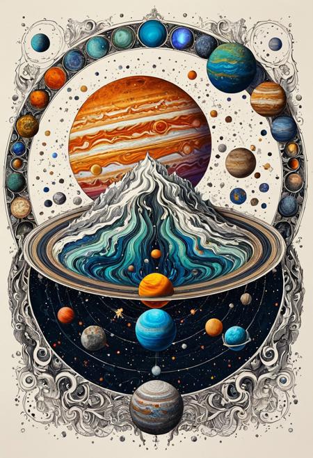 Finely detailed vector illustration, jupiter and its moons, ultra realistic quality, circle symbol, white background, hyperdetailed, intricately detailed,  triadic colors,fantastical,intricate detail,splash screen,complementary colors, fantasy concept art, 8k resolution, masterpiece, ink on old paper, calligraphy,