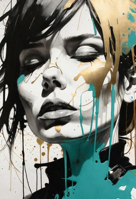fclose-up ink portrait line drawing by Ashley Wood, look up, bold brush strokes, color splatter, gold, turquose, black, white