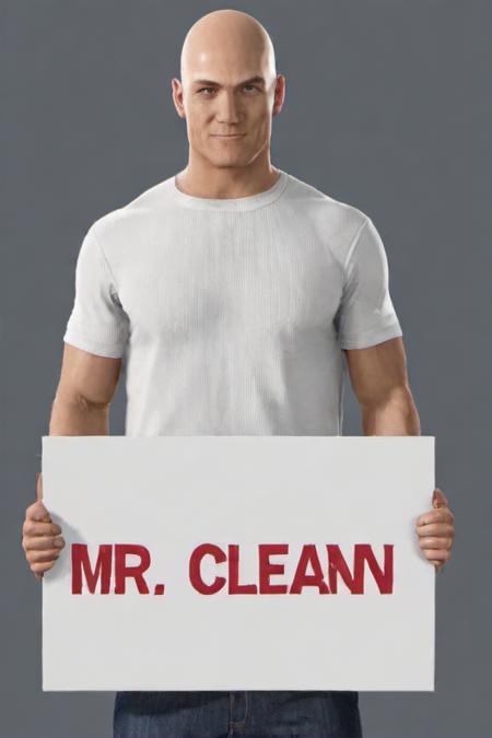 <lora:PE_HoldingSign:0.8> PEHoldingSign,
 <lora:PE_Hitman47:1> PEHitman,smiling,
holding a sign that says MR Clean