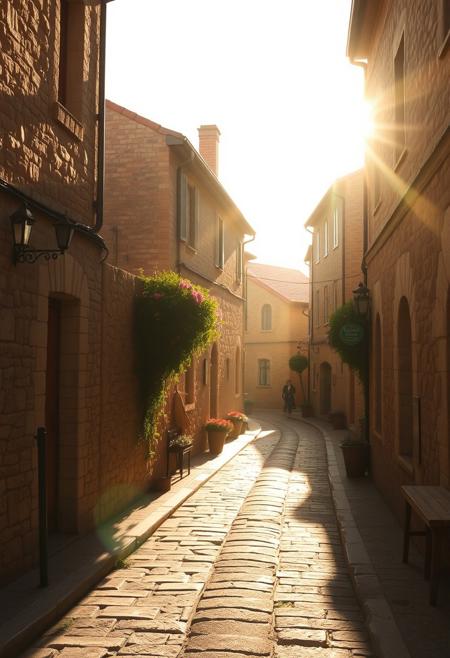 Penner-like Luminosity: "A sun-drenched village street, with warm, golden light illuminating the weathered stone buildings and casting long, dramatic shadows."