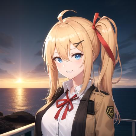 ((masterpiece)),(best quality),official art,extremely detailed CG,unity 8k wallpaper,ultra detailed,A lighthouse on a cliff by the sea,1girl,solo,upper body,(portrait:1.2),kalina (girls frontline),ahoge,bangs,white shirt,one side ponytail,breast pocket,blonde hair,red ribbon,blue eyes,brown footwear,high heel boots,hair ribbon,large breasts,x hair ornament,gloves,pleated skirt,hair between eyes,brown jacket,long hair,looking at viewer,mismatched thighhighs,smile,striped thighhighs,plaid skirt,sunglasses on head,<lora:Kalina-V1(gf)>,