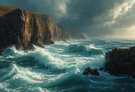 Create a photorealistic image of a stormy coastal scene. The image is dominated by enormous sea cliffs, towering out of frame, the rocks slick with seaspray. Enormouse waves crash into the cliffs, breaking at immense height, seaspray driven by the wind. The sky above is full of roiling storm clouds, a vibrant tissue of hues and textures captured digitally, best quality, double exposure, realistic, captivating, fantastical, splash art, intricately detailed, hyper detailed, maximalist style, photorealistic, concept art, sharp focus, harmony, serenity, calm, mysterious glow, dynamic lighting, masterpiece, superb composition, finest details, highest aesthetics, mystical glow, best quality, sharp focus, high contrast, stylized, clear, colorful, ultra quality, 8k, best quality, a masterpiece, award winning