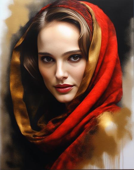 NataliePortman,<lora:NataliePortmanSDXL:1>breathtaking portrait of a gorgeous girl, sultry, red scarf, dark gold and black, gossamer fabrics, jagged edges, eye-catching detail, insanely intricate, vibrant light and shadow , beauty, paintings on panel, textured background, captivating, stencil art, style of oil painting, modern ink, watercolor , brush strokes, negative white space