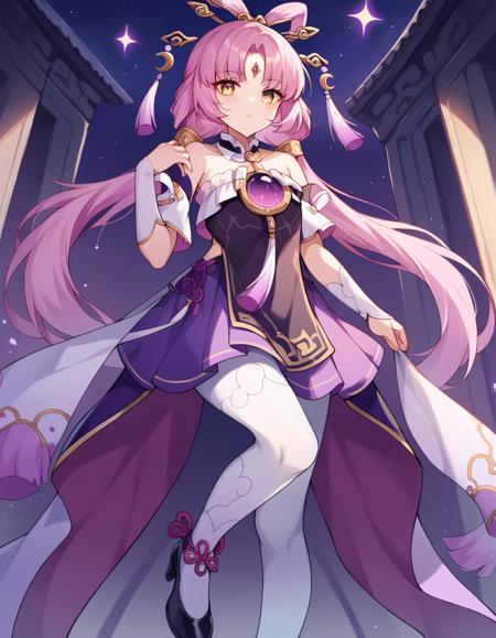 <lora:fu-xuan-ponyxl-lora-nochekaiser:1>, fu xuan, pink hair, yellow eyes, bare shoulders, parted bangs, twin tails, bow-shaped hair, low twintails, serious chinese clothes, forehead jewel, hair ornament, jewelry, white pantyhose, black footwear, black shirt, detached sleeves, dress, frilled arm warmers, frilled dress, frills, hairpin, halter shirt, halterneck, high heels, miniskirt, multiple hairpins, pleated skirt, purple skirt, purple sleeves, purple gemstone, tassel, tassel hair ornament, white arm warmers