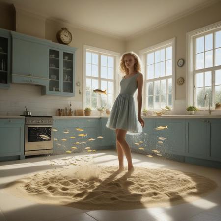 extremely detailed, best quality, masterpiece, photorealistic, 1girl, young, pale skin, confused expression, standing in kitchen, sand flowing from tap, reverse time motif, clocks spinning backwards on walls, underwater world outside window, fish swimming in air, ethereal glow, surreal atmosphere, shadow lagging movements, detached shadow autonomy, flowing dress, realistic texture, dynamic lighting, floating sand particles, kitchen details, cinematic composition, depth of field, soft shadows, hyperrealism, magical realism, dreamlike setting, isolated environment, subtle motion blur, intricate clock gears, aquatic reflections, airborne fish scales, distorted reality