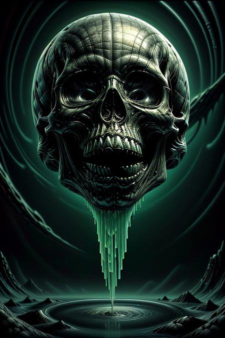 A close-up photorealistic image of a crystallic floating skull facing dynamic view with its mouth open, pouring from it's mouth a shimmering liquid resembling the universe onto the ground, filled with rich stars and swirling galaxies. A simple void background enhances the dark atmosphere, shrouded in fog, capturing the hypnotic flow and shimmer of the cosmic liquid,