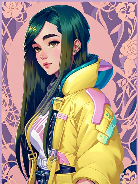 A mesmerizing portrait of kljy, yellow jacket, , featuring intricate floral details and soft pastel color palette, inspired by Art Nouveau style, and created by the talented artists Victo Ngai and Krenz Cushart.