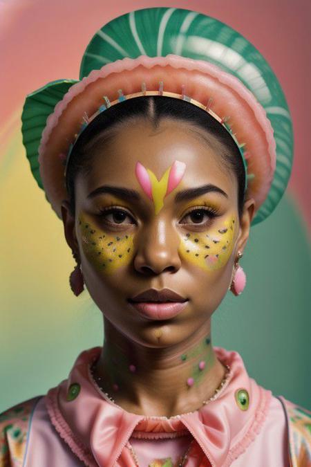 Museum quality Portrait photograph, half woman half cat Polyacrylic resin glossy skin, half human half Cat , banana headress, Tropicalia retrofuturism, watermelon blouse, strobe flash, Leica M3