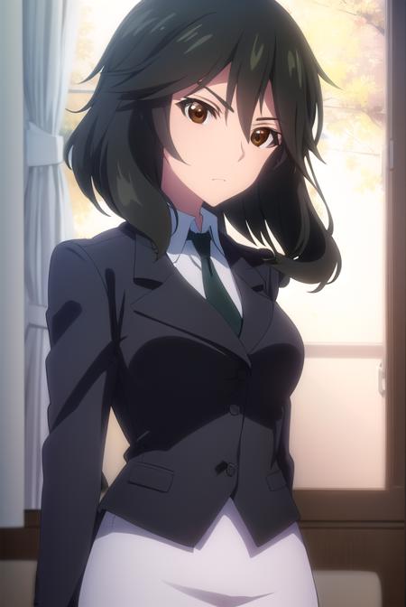 chifuyuorimura, <lora:chifuyu orimura s2-lora-nochekaiser:1>,
chifuyu orimura, long hair, bangs, black hair, hair between eyes, (brown eyes:1.3),
BREAK skirt, shirt, long sleeves, jacket, white shirt, necktie, black skirt, black jacket, formal, suit, black necktie, pencil skirt, skirt suit,
BREAK indoors, classroom,
BREAK looking at viewer, (cowboy shot:1.5),
BREAK <lyco:GoodHands-beta2:1>, (masterpiece:1.2), best quality, high resolution, unity 8k wallpaper, (illustration:0.8), (beautiful detailed eyes:1.6), extremely detailed face, perfect lighting, extremely detailed CG, (perfect hands, perfect anatomy),