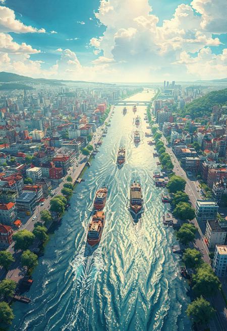 anime-style bird's-eye view of a vibrant city with a wide river running through it, detailed urban buildings and roads, multiple ships sailing through the river leaving dynamic water trails and ripples, cinematic water reflections, warm afternoon light casting soft shadows, realistic wave motion, lush green trees along the riverbanks, soft watercolor shading, highly detailed architecture, dramatic sky with light clouds, inspired by Makoto Shinkai and Studio Ghibli, ultra-sharp cel shading, vibrant yet natural colors, 4K resolution, vertical 9:16 composition, crisp linework, no characters