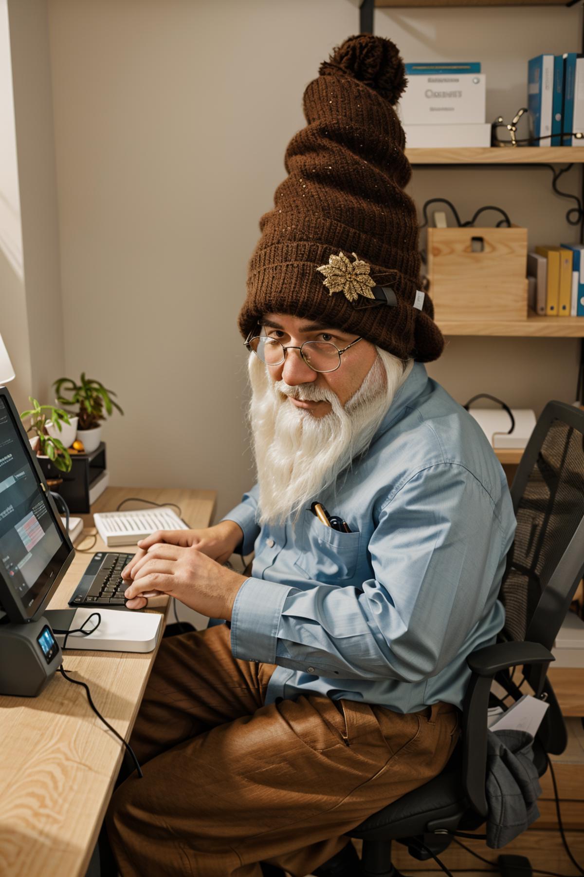 A man in a hat and glasses working on a computer.