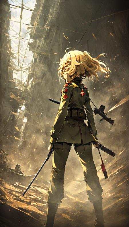 concept art Cinematic scene, hero view, Tanya Degurechaff, Youjo Senki <lora:tanya_degurechaff_xl_v6:1>, action pose, detailed background, masterpiece, best quality, high quality, highres, absurdres  . digital artwork, illustrative, painterly, matte painting, highly detailed