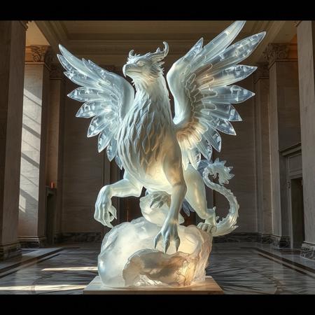 Create an image of a large statue of a mythical creature resembling a griffin, symbolizing the wildness and fury of the elements and nature. The statue is made of translucent stone, which gives it a mysterious and majestic appearance. It is housed in a spacious museum hall, where soft lighting highlights its intricate details and creates a play of light and shadow. In some places, the statue appears translucent, which enhances its airiness. Around the statue, you can see the interior elements of the museum, such as marble floors and high ceilings, which emphasize its grandeur.