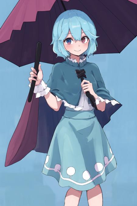 1girl,solo,
 
holding a purple umbrella, 
simple background,
<lora:MOT_V10:0.85>,MOT,light blue hair,short hair,cape ,blue dress,heterochromia,  smile,red eye,blue eye