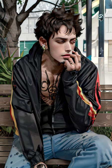 masterpiece,best quality,highres,8k,extremely detailed,realistic, portrait,
1boy,without_hat,ice cream,tattoo,jacket, open clothes,earrings,///,summer, tree,sitting on bench,street, <lora:Trafalgar_law-10:1>,