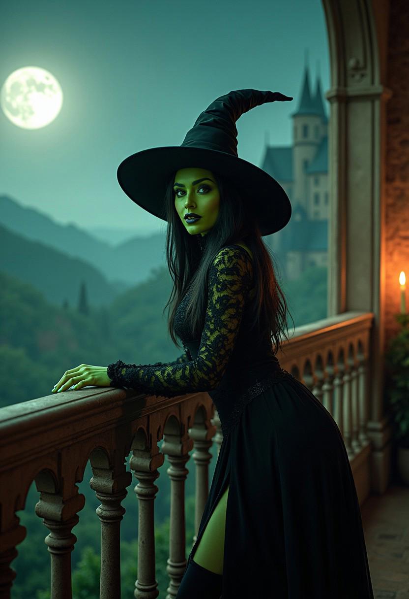 A captivating 8K portrait showcases the Wicked Witch of the West on her castle balcony, shot with a full-frame camera using a 24mm wide-angle lens at f/4. The witch, a slender 21-year-old beauty with flawless green skin and mesmerizing green eyes, leans against the ornate railing, one hand extended invitingly. Her flowing black hair contrasts with her verdant complexion. She wears a tantalizing black lace dress, thigh-highs, and stilettos, topped with a wide-brimmed hat at a rakish angle.
The balcony opens to a panoramic view of twisted forests and misty mountains under a full moon. Chiaroscuro lighting blends cool moonlight with warm candlelight from the castle interior. The composition juxtaposes the photorealistic witch against a loosely rendered background, emphasizing her alluring yet dangerous nature. This cinematic portrait depicts her as an enticing, erotic villainess, a powerful enchantress surveying her dark realm.