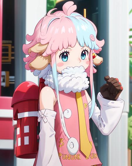 <lora:Atlas-10:0.7>,1girl,pink hair, white hair, blue eyes, multicolored hair, animal ears,long hair,two-tone hair, gloves, blush stickers, necktie,detached sleeves, dress,