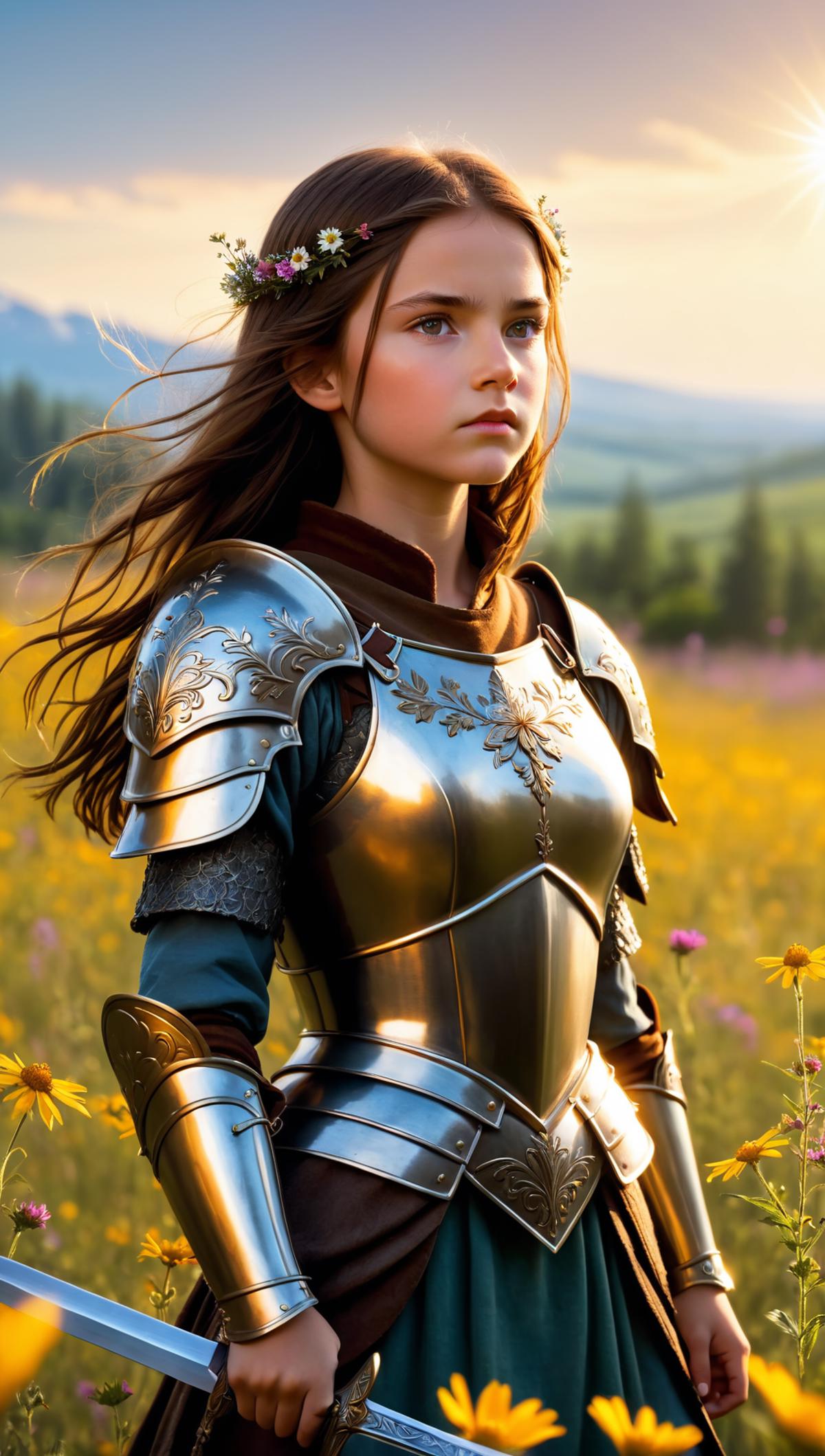 A young girl wearing a medieval suit of armor in a field of flowers.