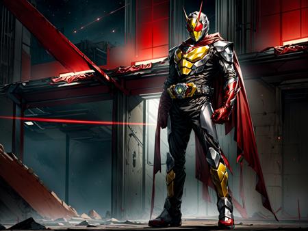 ((masterpiece,best quality)),cinematic lighting,kamen rider zero two, kamen rider, tokusatsu, rider belt, red eyes, solo, 1boy,muscular, male focus, looking at viewer, standing,dynamic pose, arms crossed,dynamic pose,full body, ((red and silver armor,spiky armor), red gloves, silver boots,bodysuit, antennae,horns), clenched hands, red scarf, large wavy red cape,glowing, space,satellite in the background <lora:kamen_rider_zero_two_v2-11:0.4> <lora:add_detail:0.7>