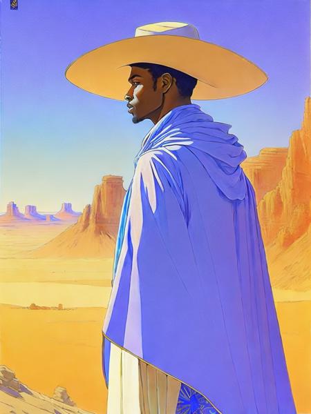 <lora:MoebiusJeanGiraud:1>a painting of a man in a hat and cape looking out over a desert landscape by Moebius Jean Giraud